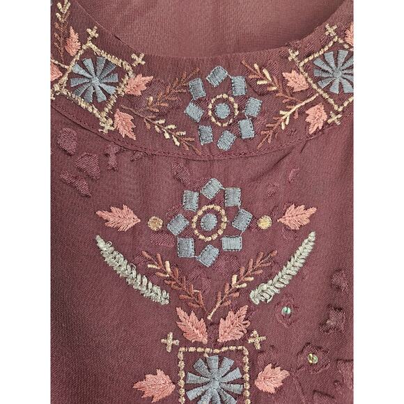 Sundance Womens SM Blouse Burgundy Embroidered Semi Sheer Drawstring Waist BOHO - Picture 4 of 12